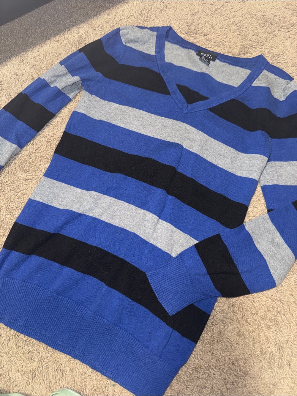 Vintage Striped V-Neck Sweater in Blue, Black & Gray - rue21